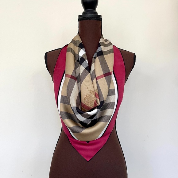 New Unisex Burberry Scarf Beige Check Burgundy Red Border Silk Wrap - Picture 12 of 13